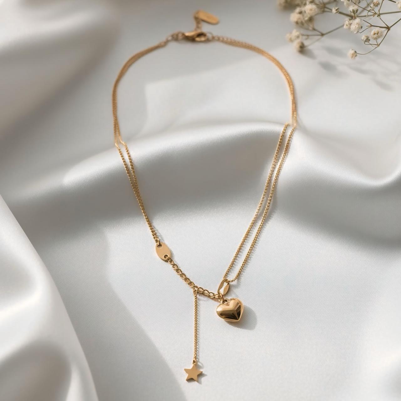 Double chained heart pendant neck chain